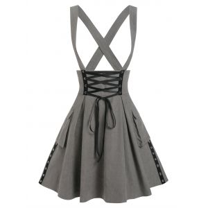 

Double Pockets Lace-up Suspender Skirt, Gray