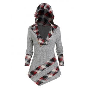 

Hooded Plaid Print Asymmetrical Ribbed Knitwear, Light gray