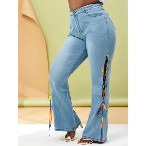 

Plus Size Colorful Lace Up Side Flare Jeans, Light blue