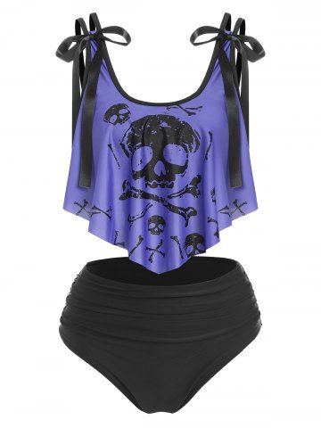 Skull Print Bowknot Padded Tankini Set - LIGHT PURPLE - L