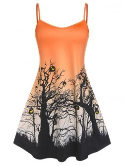 Plus Size Tree Pumpkin Face Print Halloween Dress - ORANGE - 1X