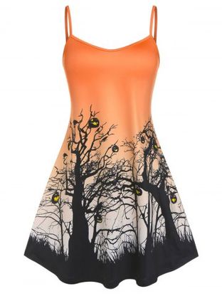 Plus Size Tree Pumpkin Face Print Halloween Dress