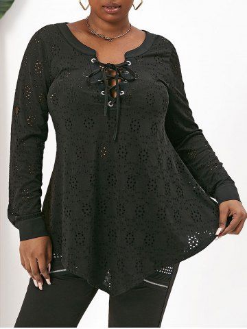 Plus Size Lace Up Eyelet Roll Tab Sleeve Tunic Top - BLACK - L