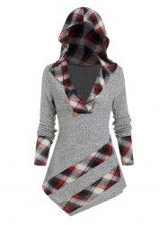 Hooded Plaid Print Asymmetrical Ribbed Knitwear -  