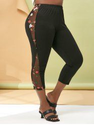 Floral Embroidered Mesh Side Plus Size Capri Leggings -  