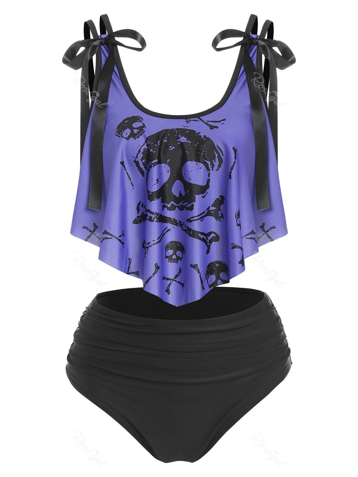 Best Skull Print Bowknot Padded Tankini Set  