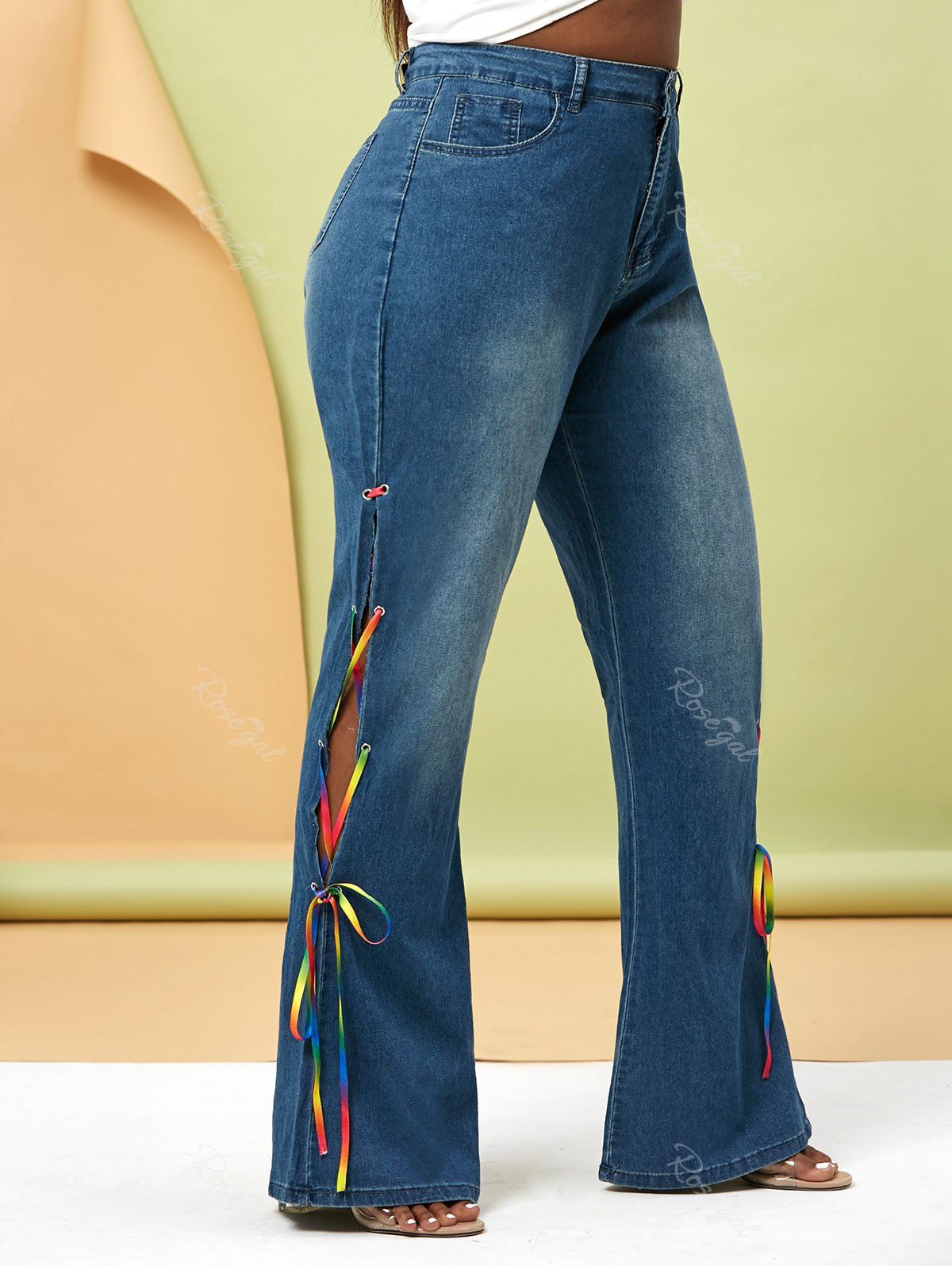 Fancy Plus Size Colorful Lace Up Side Flare Jeans  