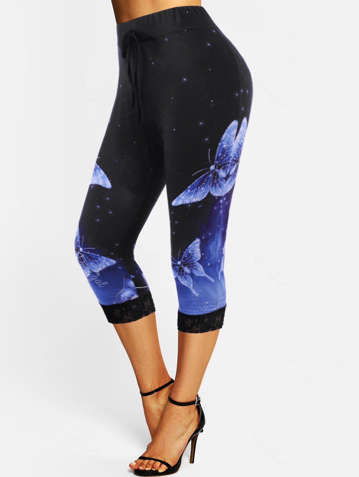 Outfit Lace Panel Butterfly Print Galaxy Bowknot Crop Leggings  