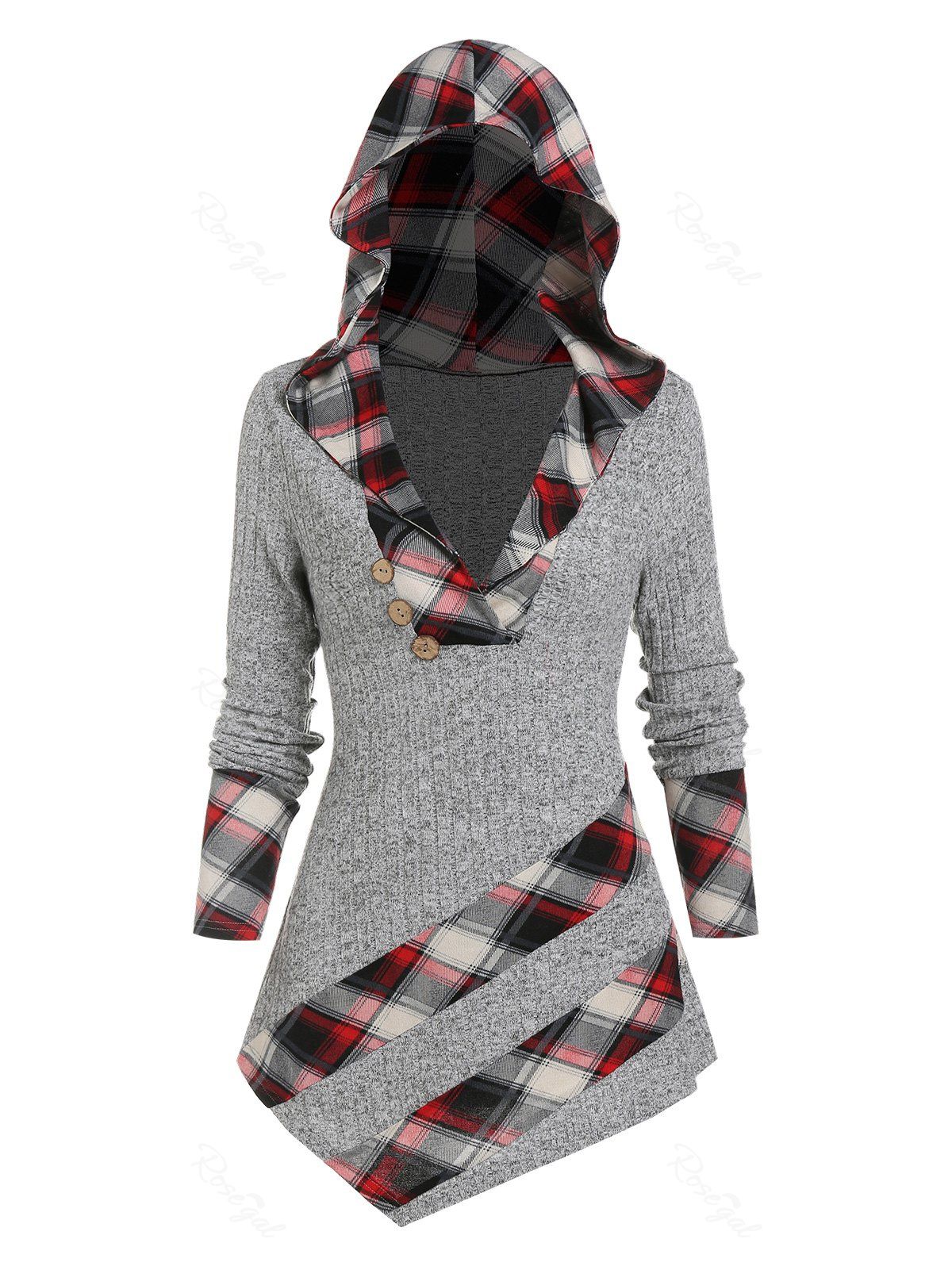 Fancy Hooded Plaid Print Asymmetrical Ribbed Knitwear  