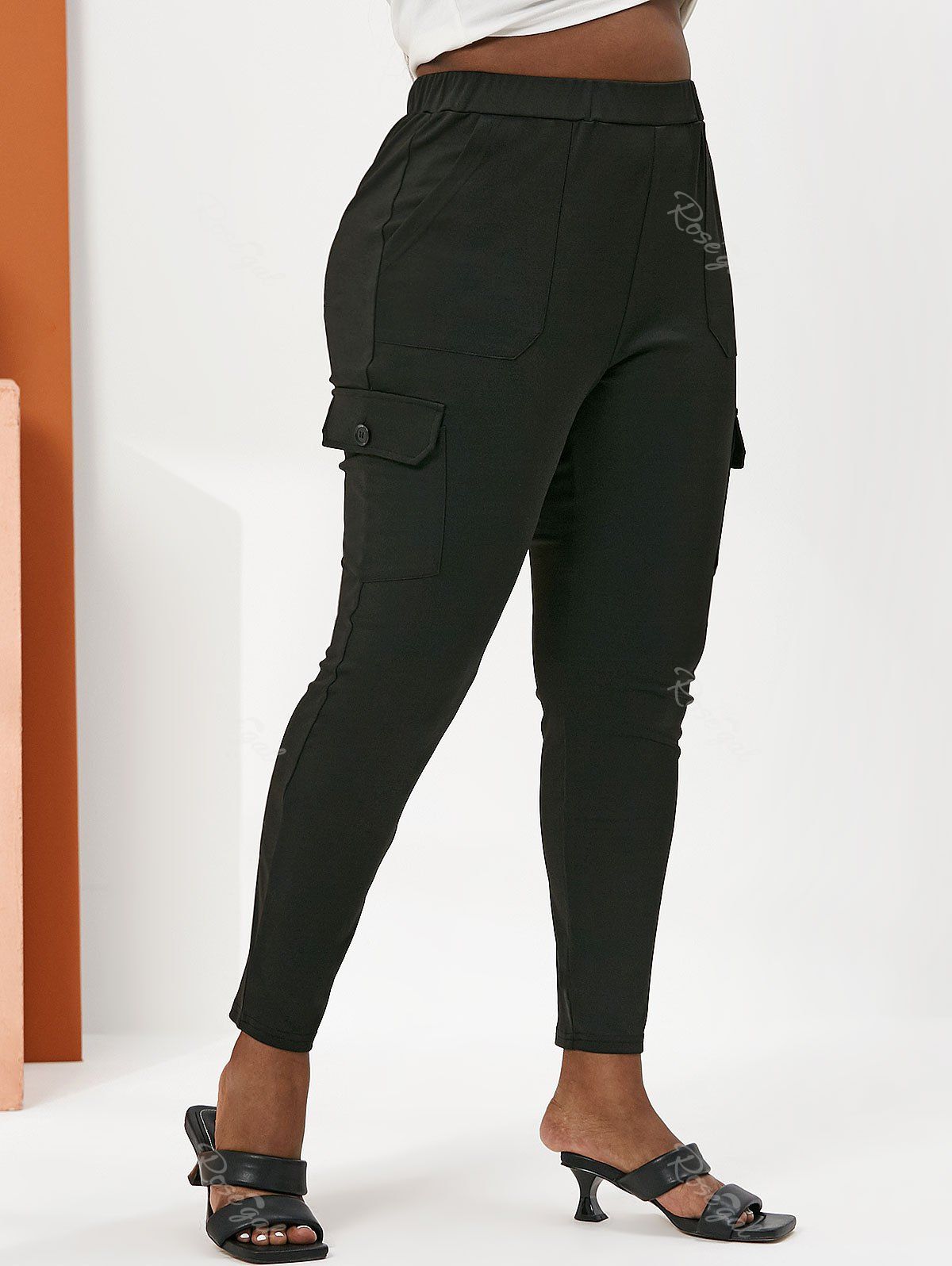 Affordable Plus Size Flap Pocket High Waisted Pants  