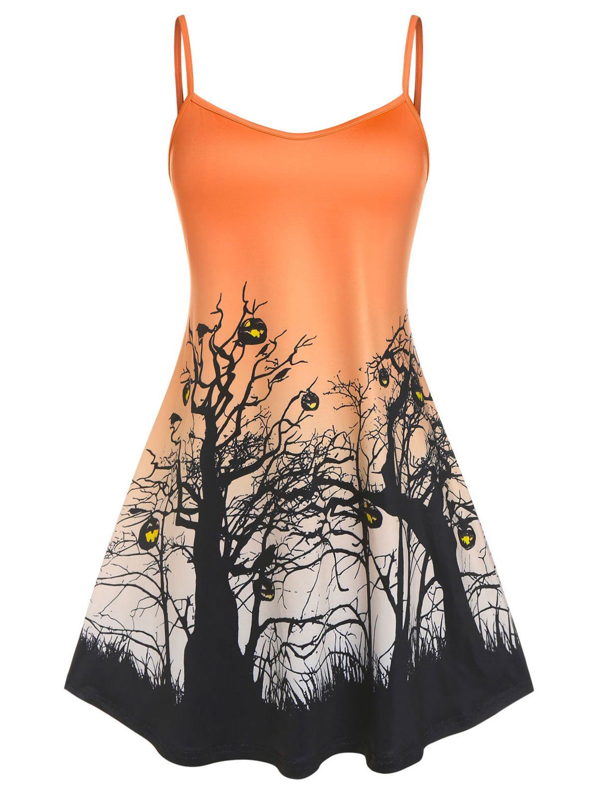 Affordable Plus Size Tree Pumpkin Face Print Halloween Dress  