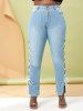 Plus Size Contrast Lace Up Side Tapered Jeans -  