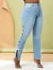 Plus Size Contrast Lace Up Side Tapered Jeans -  