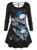 T-Shirt avec Découpes à Imprimé Crânes D'Halloween et Roses Grande-Taille - Noir 2X