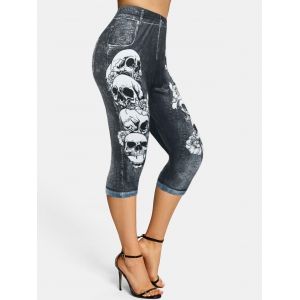 

Flowers Skulls 3D Print Capri Skinny Jeggings, Black