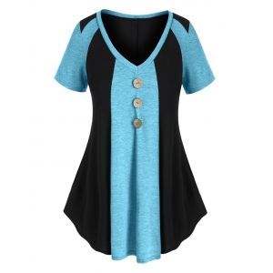 

Plus Size Two Tone Buttons T Shirt, Light blue