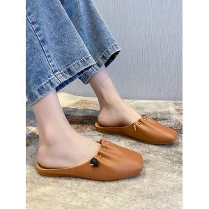 

Casual Drawstring Square Toe Mules Sandals, Brown