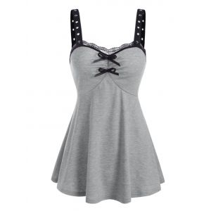 

Lace Panel Grommet Bowknot Ruched Tank Top, Light gray