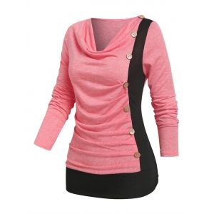 

Cowl Neck Mock Button Ruched Contrast T-shirt, Light pink