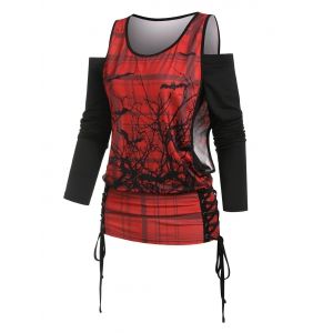 

Off The Shoulder T-shirt and Halloween Lace Up Printed Tank Top Set, Red