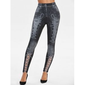 

High Waisted Lace-up 3D Print Skinny Jeggings, Black