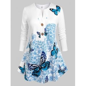 

Plus Size Flower Butterfly Print Henley T-shirt, White