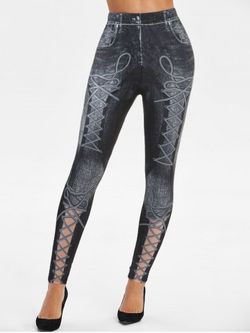 High Waisted Lace-up 3D Print Skinny Jeggings - BLACK - XXXL