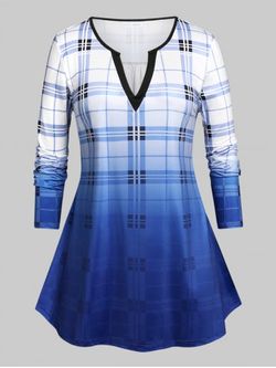 Plus Size Plaid Ombre Color T-shirt - BLUE - L