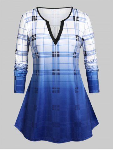 Plus Size Plaid Ombre Color T-shirt - BLUE - 5X