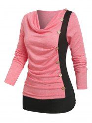 Cowl Neck Mock Button Ruched Contrast T-shirt -  