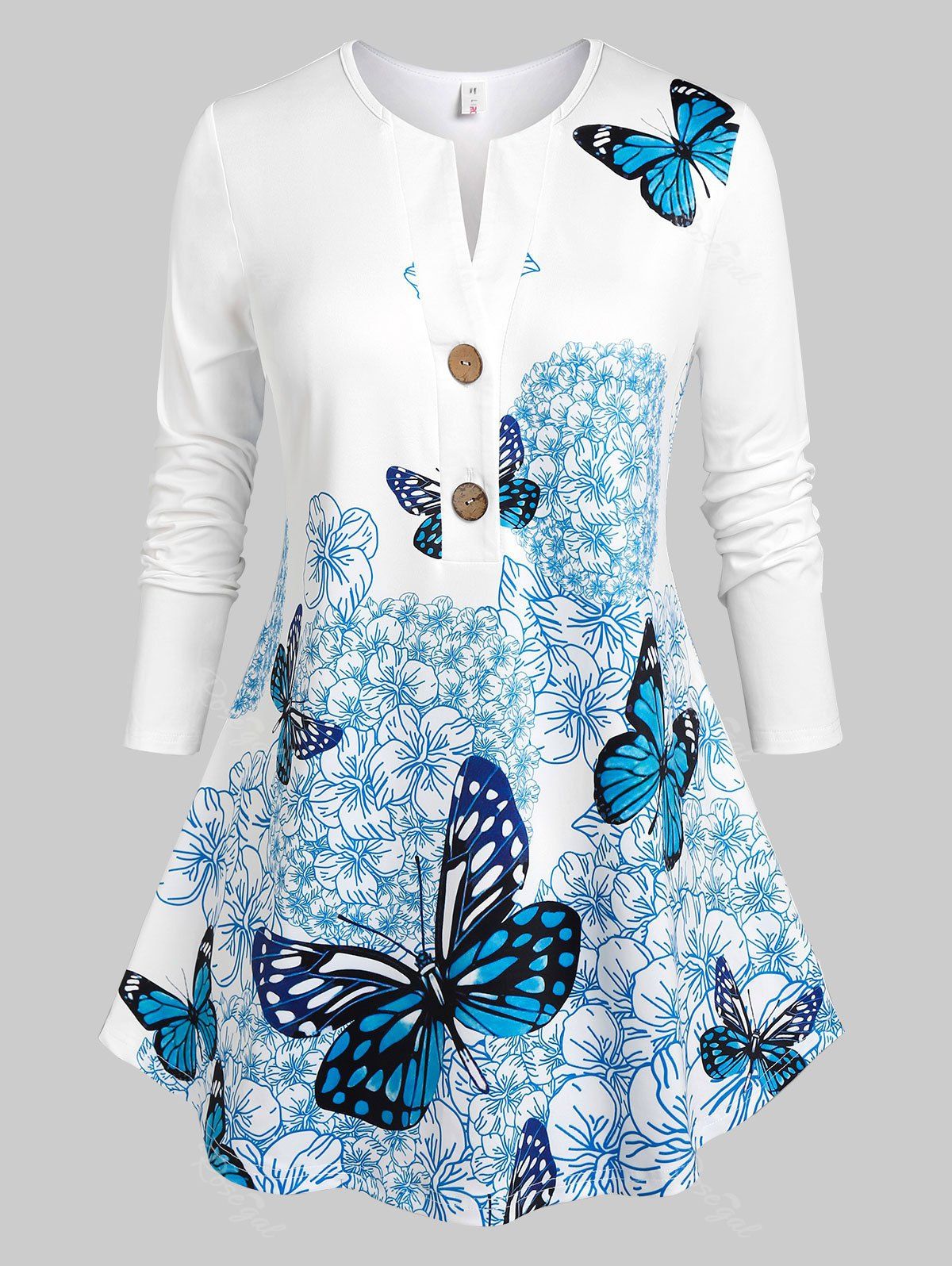 Best Plus Size Flower Butterfly Print Henley T-shirt  