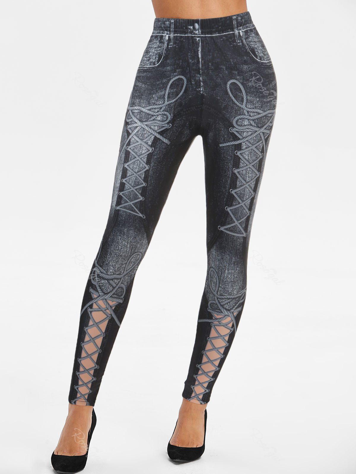 Unique High Waisted Lace-up 3D Print Skinny Jeggings  