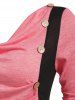Cowl Neck Mock Button Ruched Contrast T-shirt -  