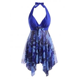 

Halter Butterfly Print Mesh Insert Handkerchief Tankini Swimwear, Blue