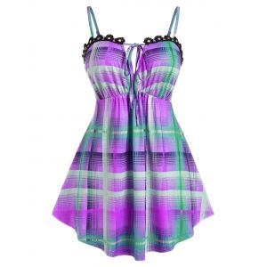 

Plus Size Plaid Tied Applique Panel Skirted Cami Top, Purple