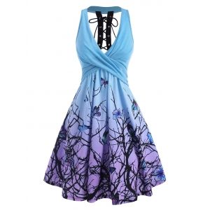 

Branch Butterfly Print Plunging Lace Up Dress, Multi