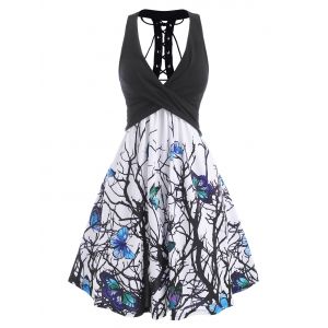 

Branch Butterfly Print Plunging Lace Up Dress, Black