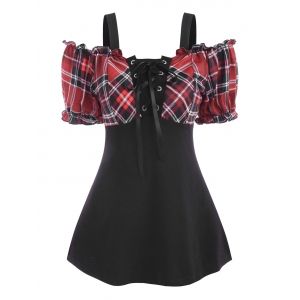 

Lace Up Plaid Open Shoulder Ruffle T Shirt, Red