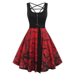 

Zippered Bat Branch Print Halloween Dress, Red