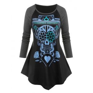 

Plus Size Skull Flower Uneven Hem Baseball Tee, Black