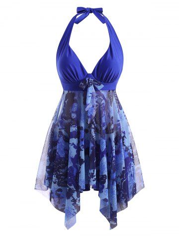 Halter Butterfly Print Mesh Insert Handkerchief Tankini Swimwear - BLUE - S