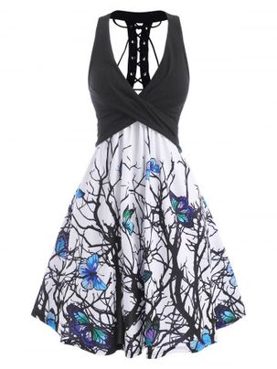 Branch Butterfly Print Plunging Lace Up Dress