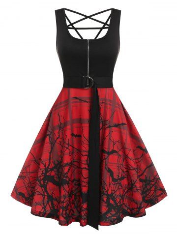 Zippered Bat Branch Print Halloween Dress - RED - XXL