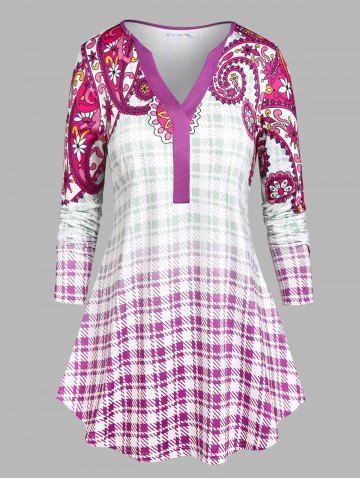 Plus Size Plaid Paisley Print T-shirt - PURPLE - 1X