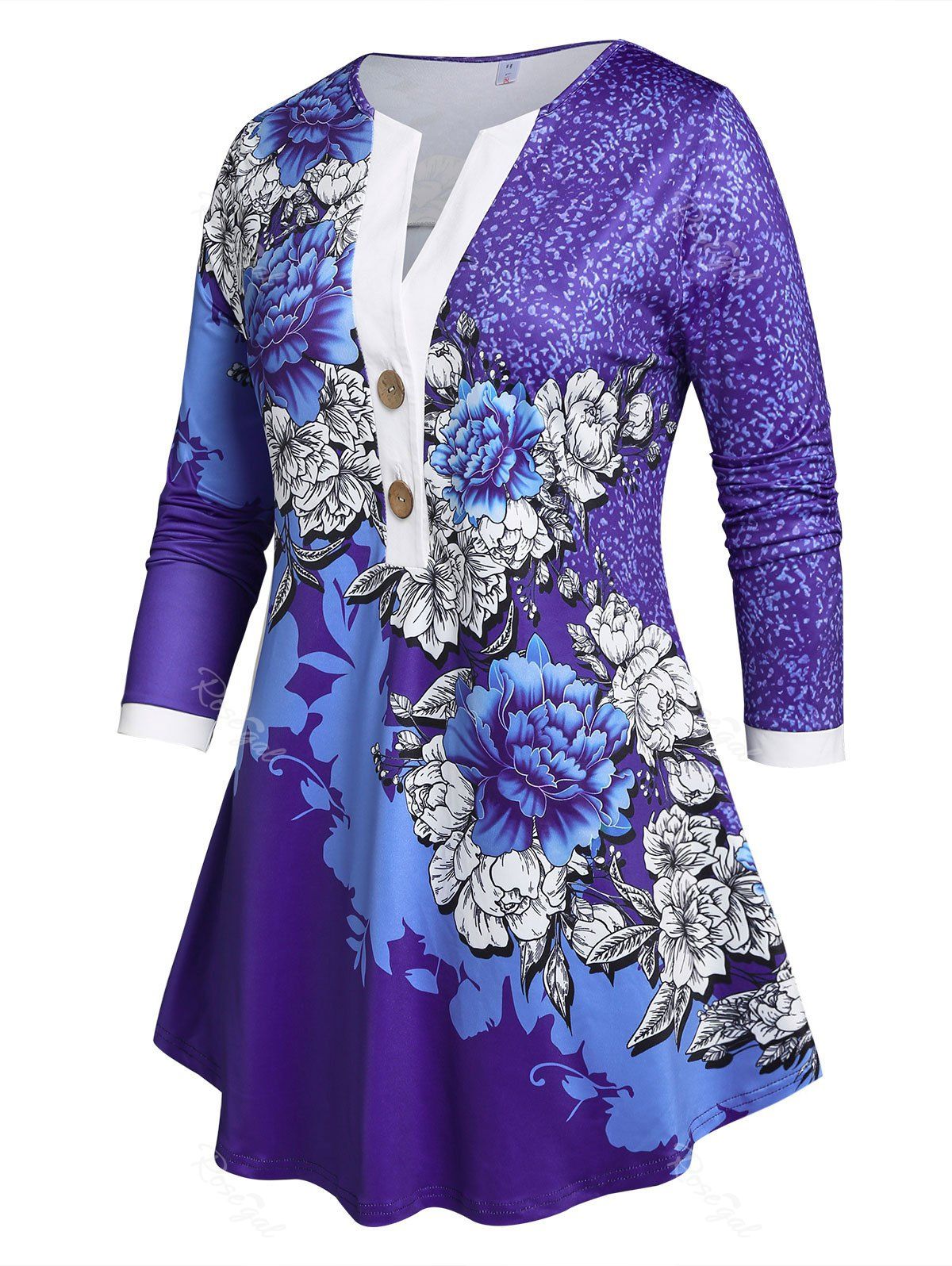 Online Plus Size V Notched Floral Print T-shirt  