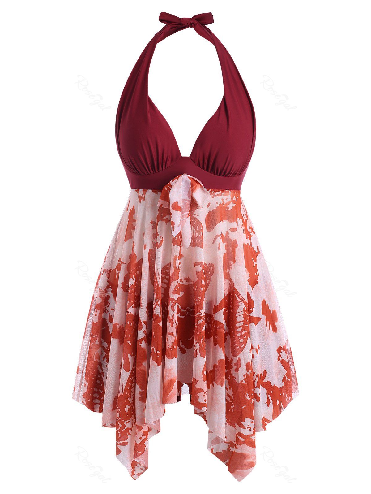 New Halter Butterfly Print Mesh Insert Handkerchief Tankini Swimwear  