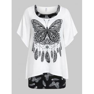 

Plus Size Bell Sleeve Butterfly Print T-shirt and Tank Top Set, White