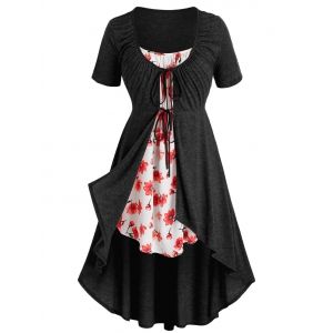 

Plus Size Tie Front High Low T Shirt with Flower Print Camisole, Black