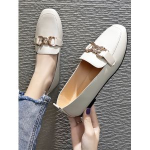 

Square Toe Chain Embellished Slip-On Shoes, Beige