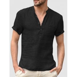 

Solid Color Half Button Shirt, Black